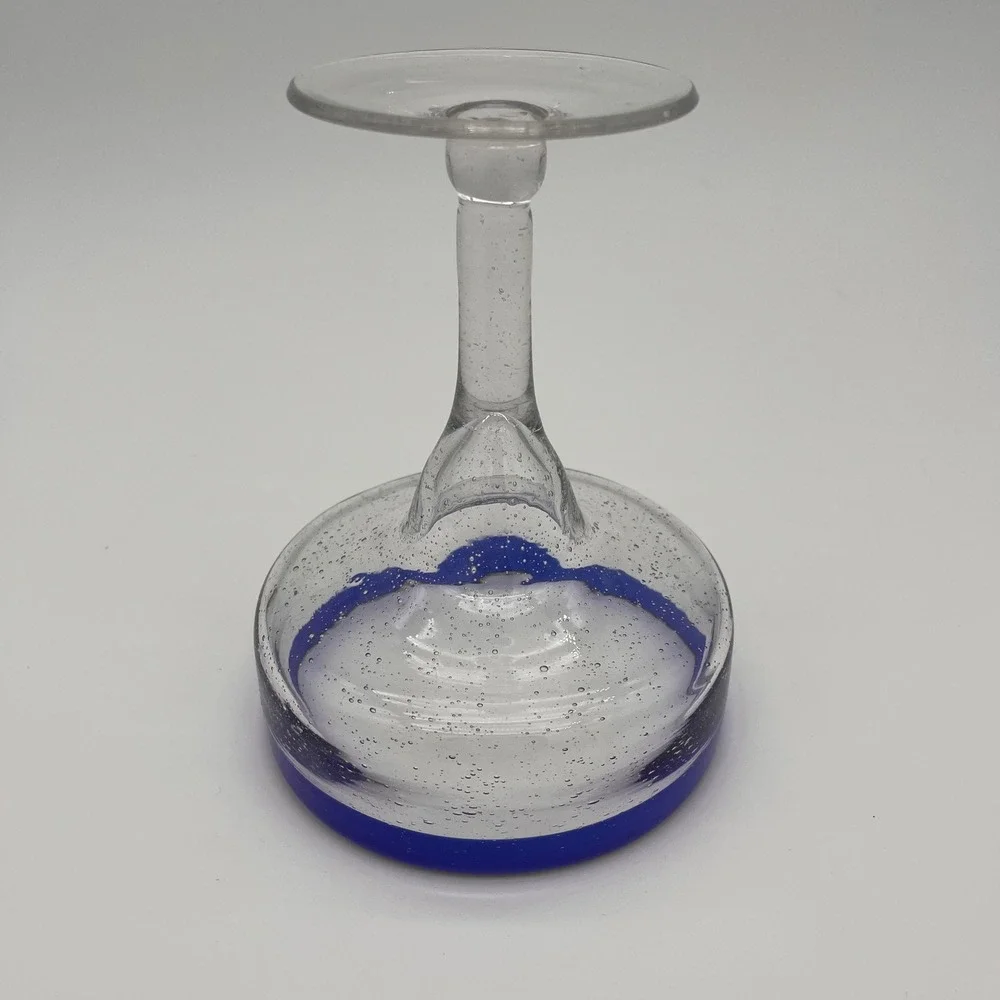 Hand Blown Mexican Margarita Glass Cobalt Blue Rim Seeded Glass Barware